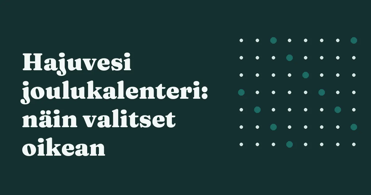 Tuoksupullo pöydällä, kuva hajuvesi joulukalenterin oppaasta
